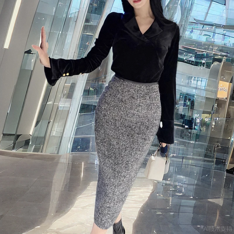 亮片粗花呢小香风半身裙女毛呢长裙一步裙秋季高腰包臀a字短裙