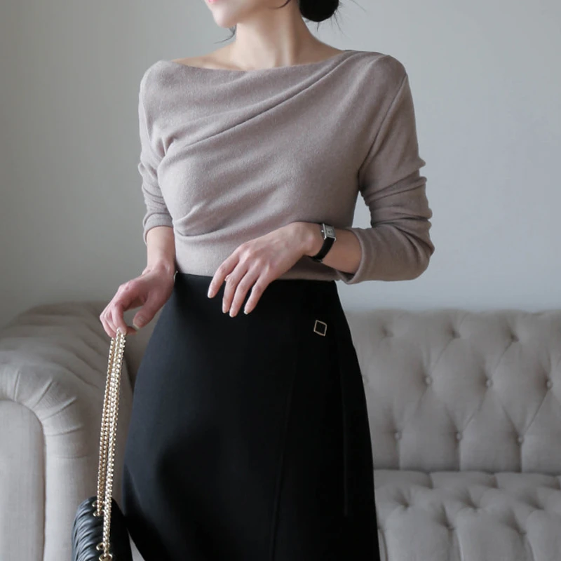 德绒打底衫女长袖t恤2025秋冬内搭不规则白色针织衫冬季紧身上衣