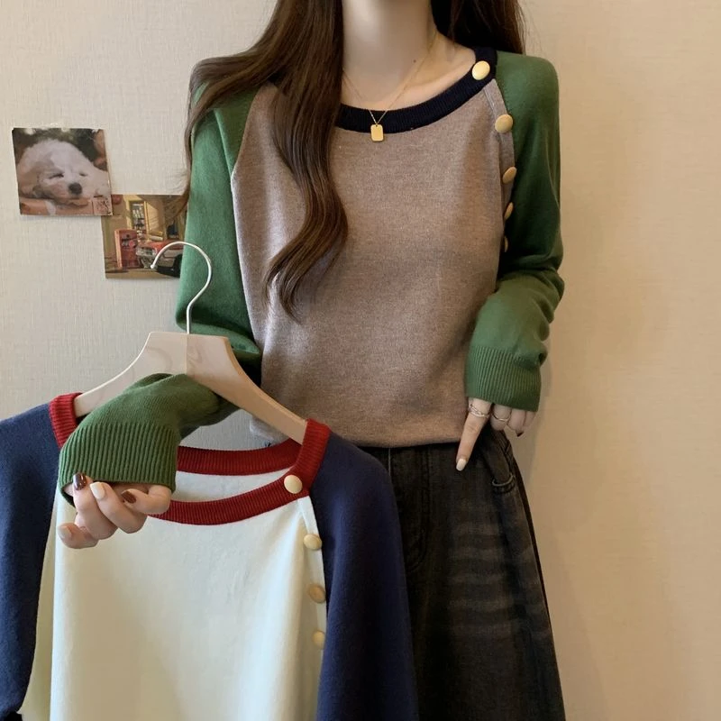 【小曹大码】秋冬拼色插肩袖加厚针织衫上衣宽松毛衣-FS25006