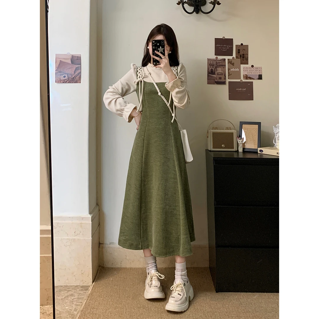 【小曹大码】绿光森林秋冬法式复古假两件木耳边领连衣裙-LK3096