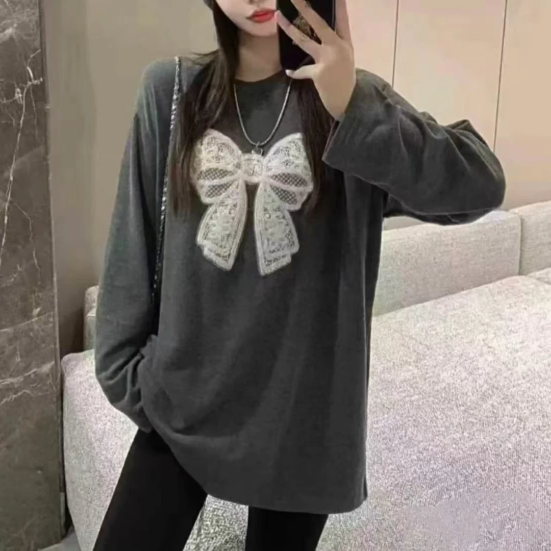 【小曹大码】芭比风蝴蝶结T恤打底百搭家居服套头加厚蕾丝-QYN88650