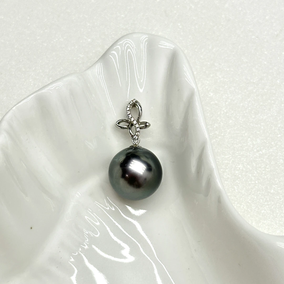 【大溪地】海水珍珠14-15mm 孔雀绿18k金简约吊坠节日送礼物