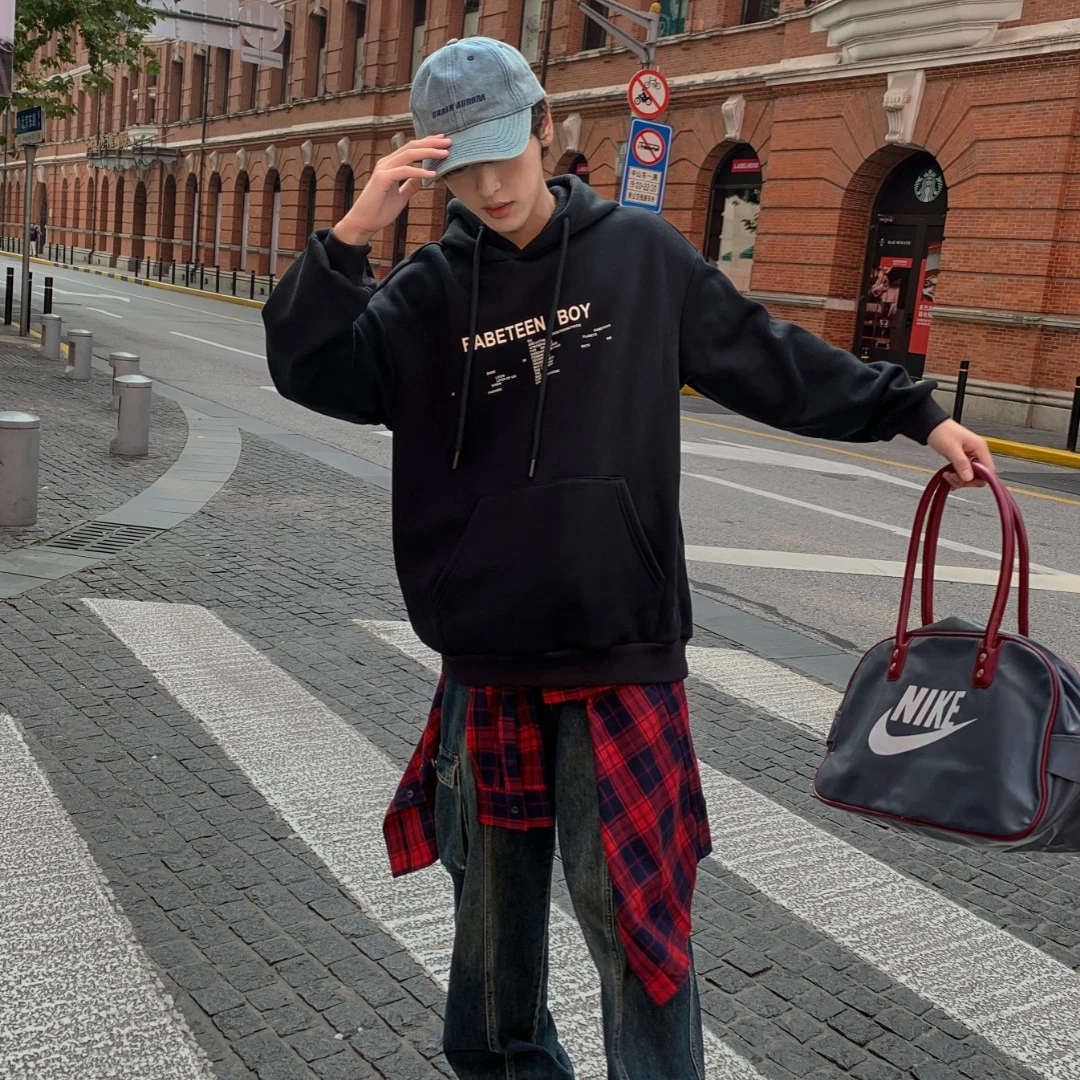 65796高端专享青少年老林家天花板加绒连帽卫衣黑色