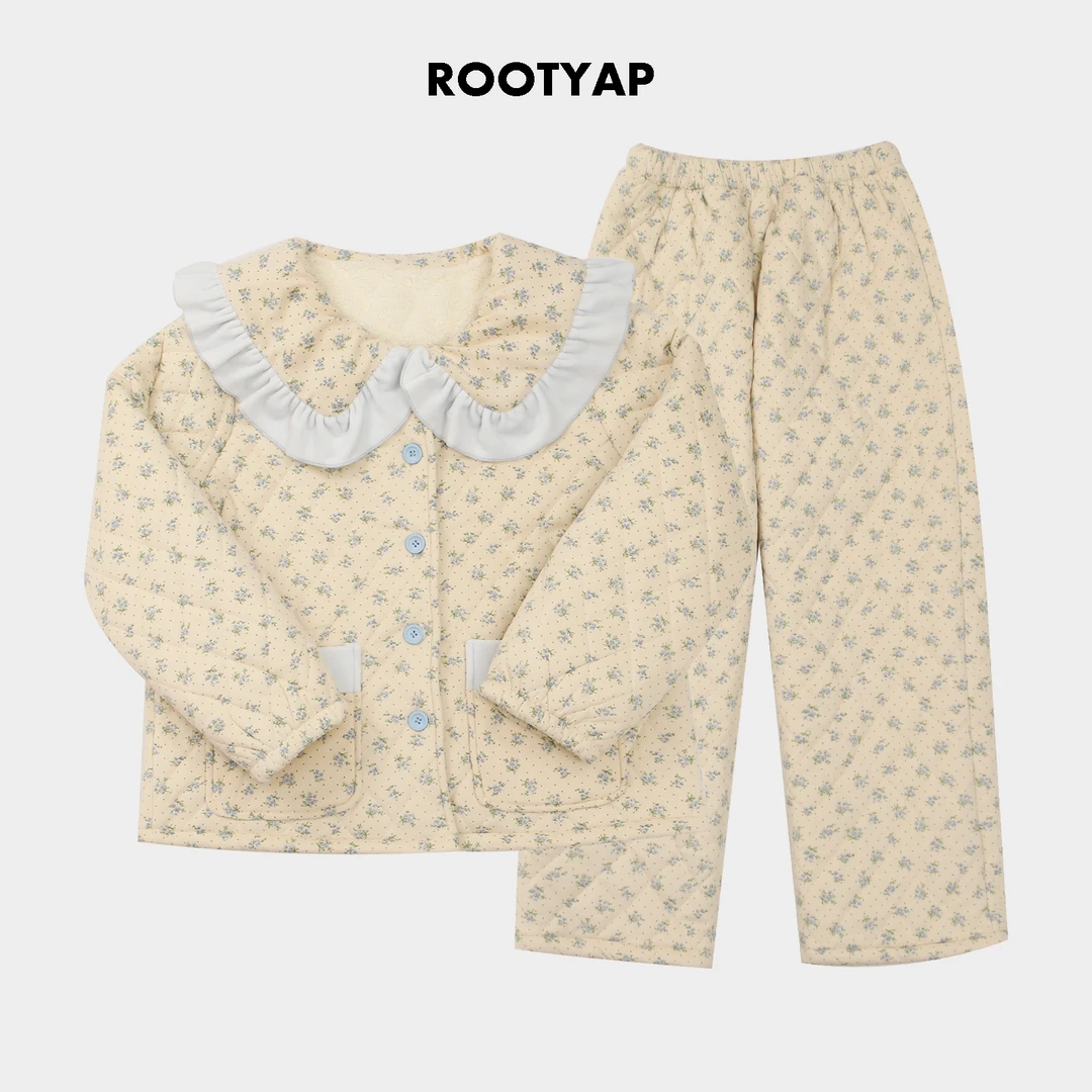 M028碎花冬款秋冬加厚女士冬季女夹棉家居服女气质睡衣女套装甜美