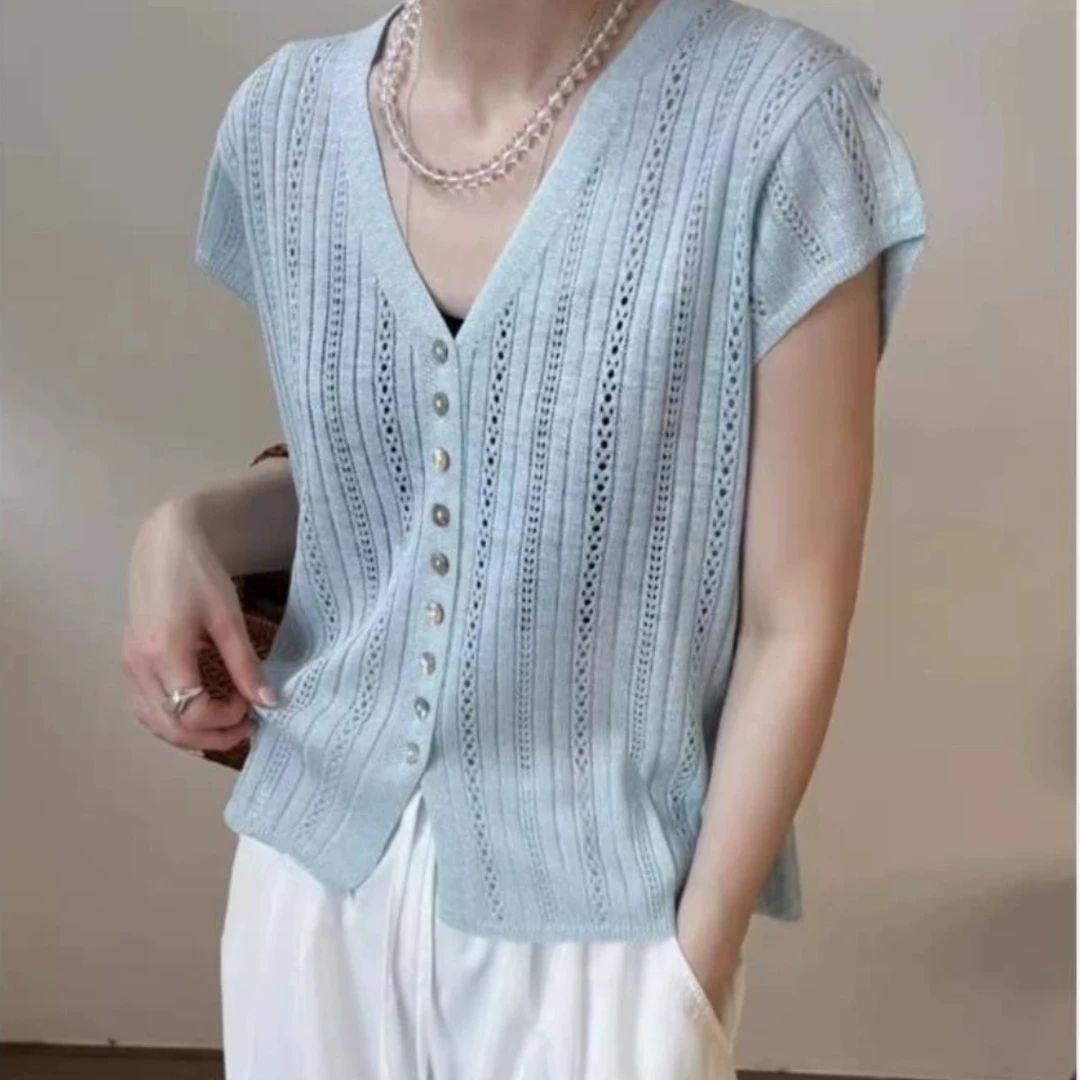 【竖坑镂空开衫短袖蓝色A316】夏季薄款宽松冰爽透气针织开衫短袖