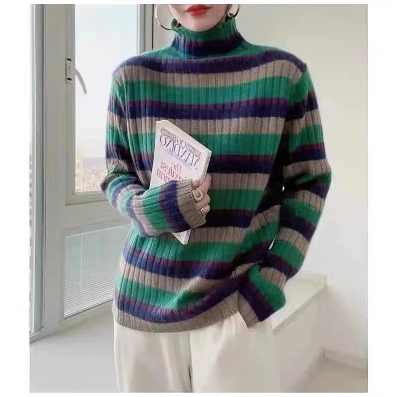 【2024新款时尚百搭洋气亲肤显白蓝条纹毛衣上衣-针织衫】秋季新款