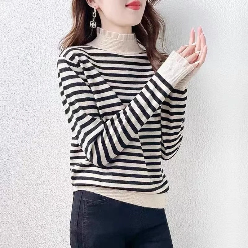 【蕾丝条纹打底杏色】秋冬新款内搭半高领蕾丝打底衫