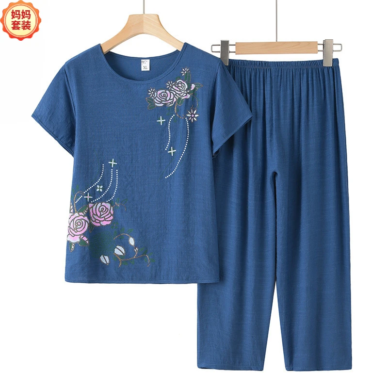 夏季妈妈装棉麻短袖小个宽松老年人奶奶棉麻套装舒适妈妈60-70岁