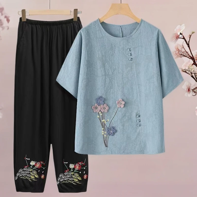 妈妈夏装棉麻短袖洋气中老年大码棉质套装老人奶奶装老太太中年衣