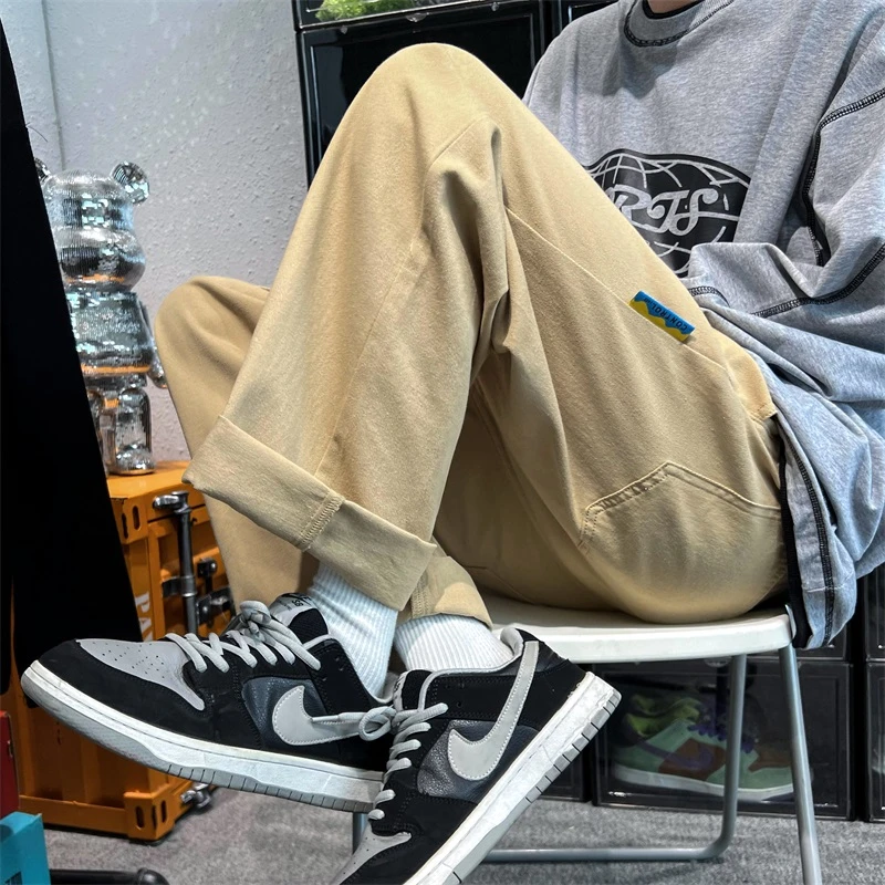 卡其色裤子男直筒宽松港风盐系日系复古工装裤潮牌休闲阔腿裤九分