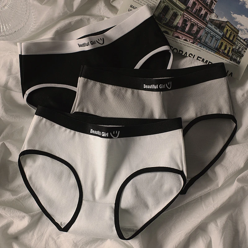 3条棉黑白灰中低腰内裤大包臀学生中性女士三角裤抗菌透气纯色
