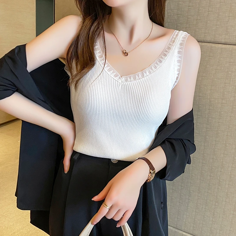 【小沫家】蕾丝花边背心女国风内搭小吊带短款v领冰丝针织上衣