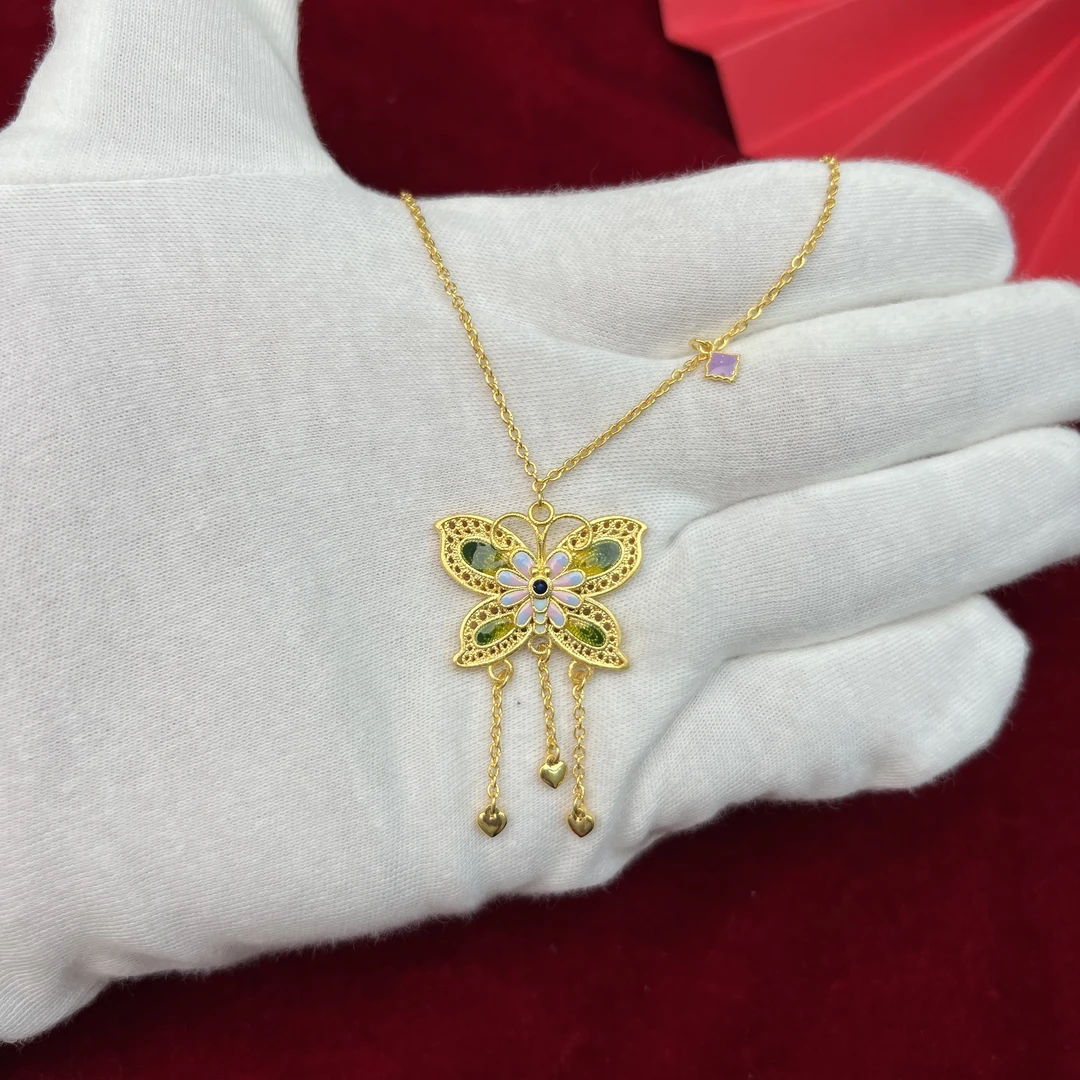足金999黄金古法花丝高温烧蓝蝴蝶坠链套链精致时尚锁骨链