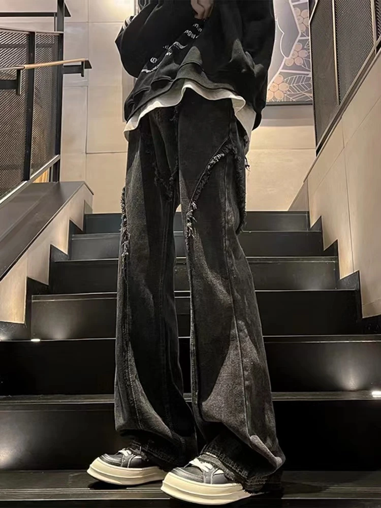 潮牌欧美街头裤子男毛边拼接设计感窄版显瘦美式牛仔裤潮流牛仔裤