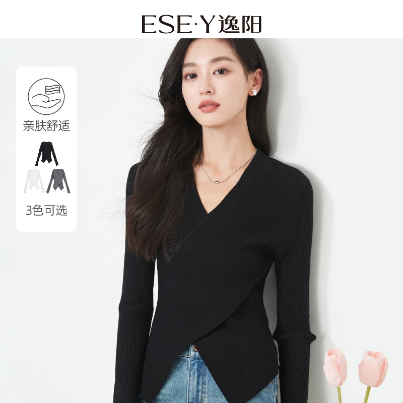 逸阳法式v领针织衫女秋新款交叉设计显瘦纯色百搭时尚上衣