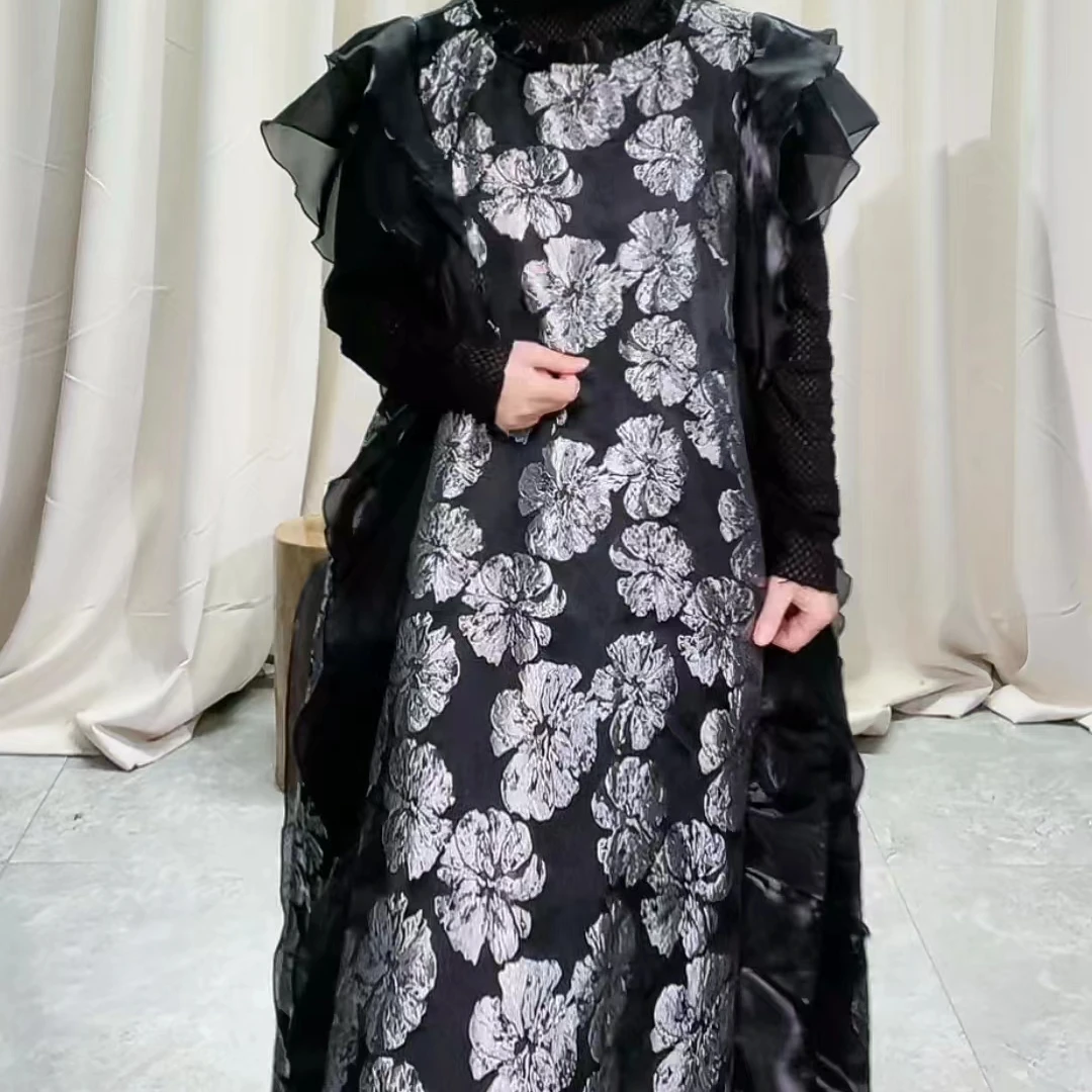 【大海轻奢】L23569-2新款设计师银灰刺绣木耳边连衣裙