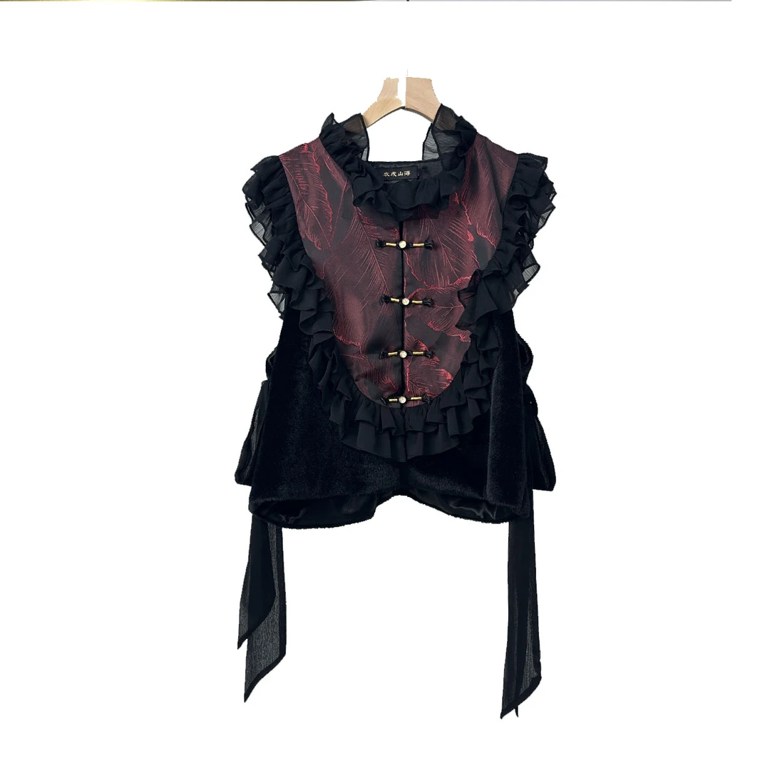 【大海轻奢】S1907新款酒红刺绣木耳边设计师款时尚马甲