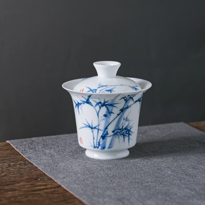 高脚马蹄竹子二才盖碗赠送一杯一垫