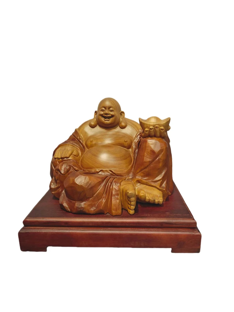 根雕工艺品，黄蜡樟坐弥勒，手工雕刻，精品摆件长63厚56高52