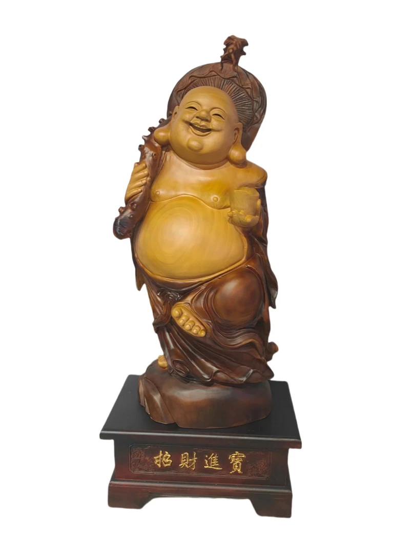 香樟木根雕工艺品，元宝弥勒，纯手工雕刻，精品摆件长62厚40高159