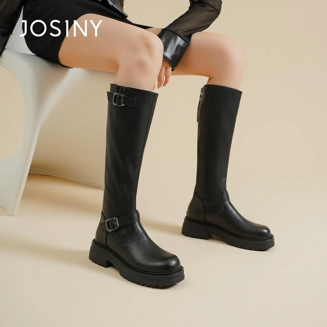 卓诗尼骑士靴女2025新款秋冬季女靴厚底平口长靴小个子棕色长筒靴