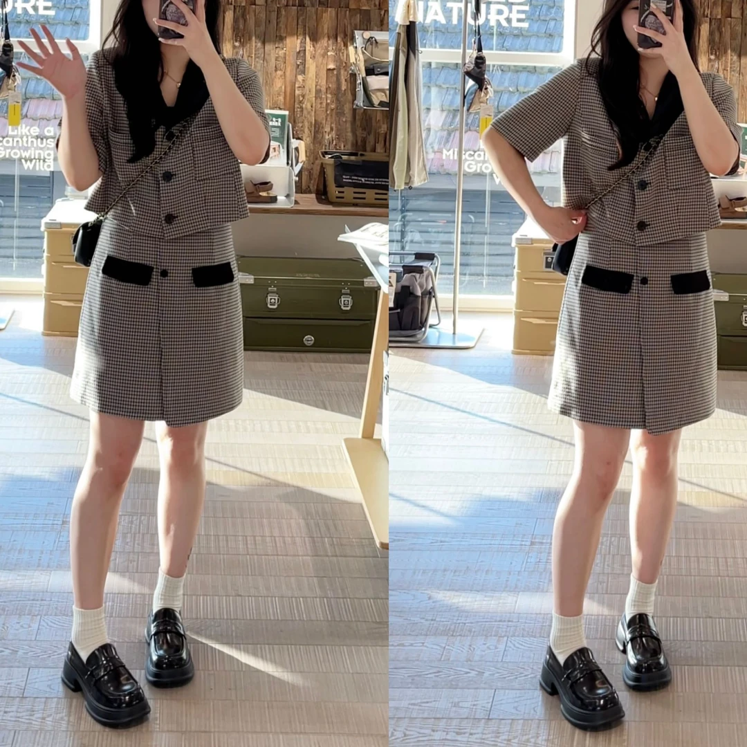 噜噜QC【格子松露】微胖大码女装夏撞色上衣+半身裙套装ZY304J11
