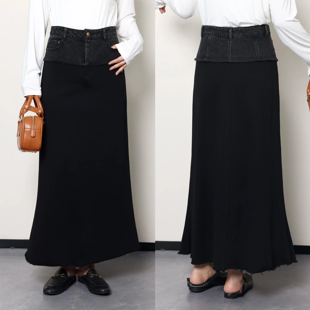 QC噜噜【个性拼接】微胖大码女早秋牛仔拼针织卫衣半身裙ZY407H01