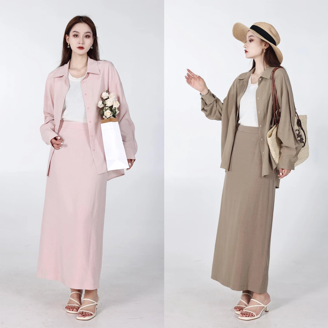 噜噜【半香缇卡】微胖大码女早秋休闲亚麻衬衫半裙ZY406H102/3