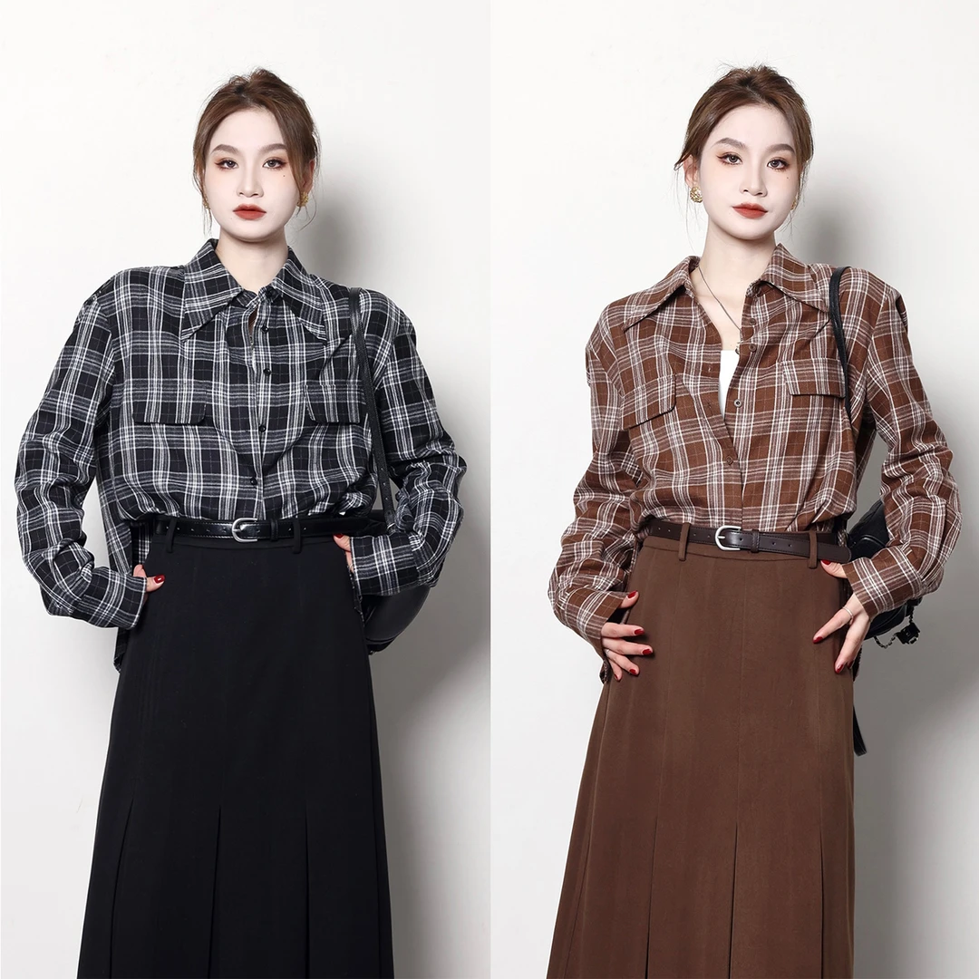 QC噜噜【格纹新章】微胖大码女冬季时尚复古格纹磨毛衬衫ZY409H51