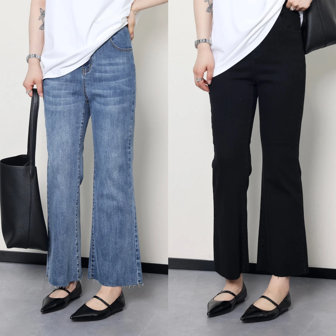 QC噜噜【冰岛日落】微胖大码女早秋九分微喇显瘦牛仔裤ZY405K57