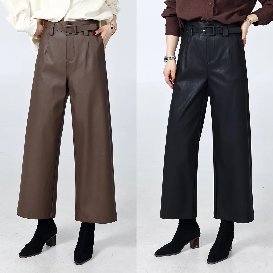QC噜噜【腔调皮裤】微胖大码女冬季休闲气质高腰西装皮裤ZY409H13