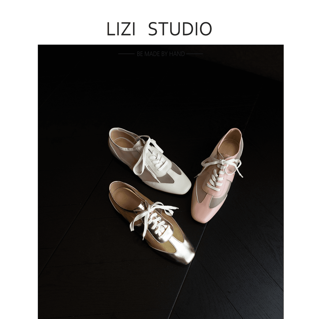 【栗子】2CM真皮拼接网纱系带复古德训鞋 |  半雾