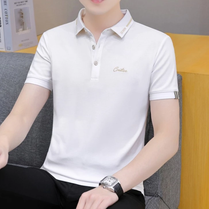 冰感男士短袖T恤速干透气白色t恤男珠地棉轻奢体恤男装polo衫上衣