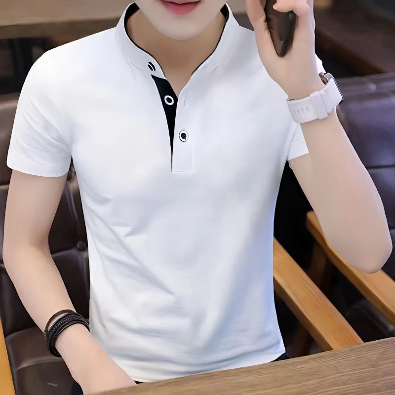 夏季冰感棉质男士短袖t恤潮流百搭立领白色t恤男潮牌男装polo半袖