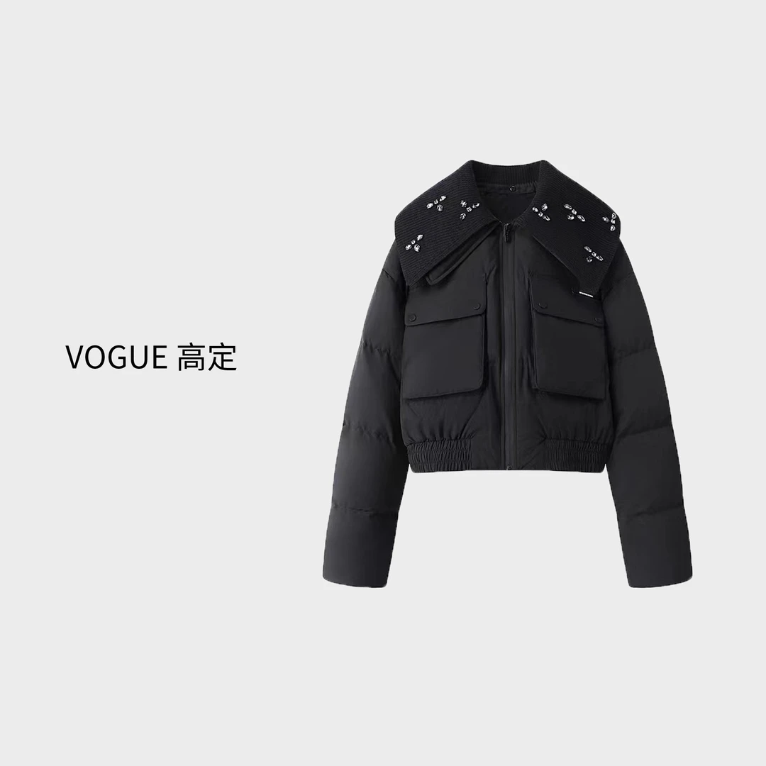 【VO高定】冬季新款设计感显瘦钉钻装饰针织翻领短款羽绒服女