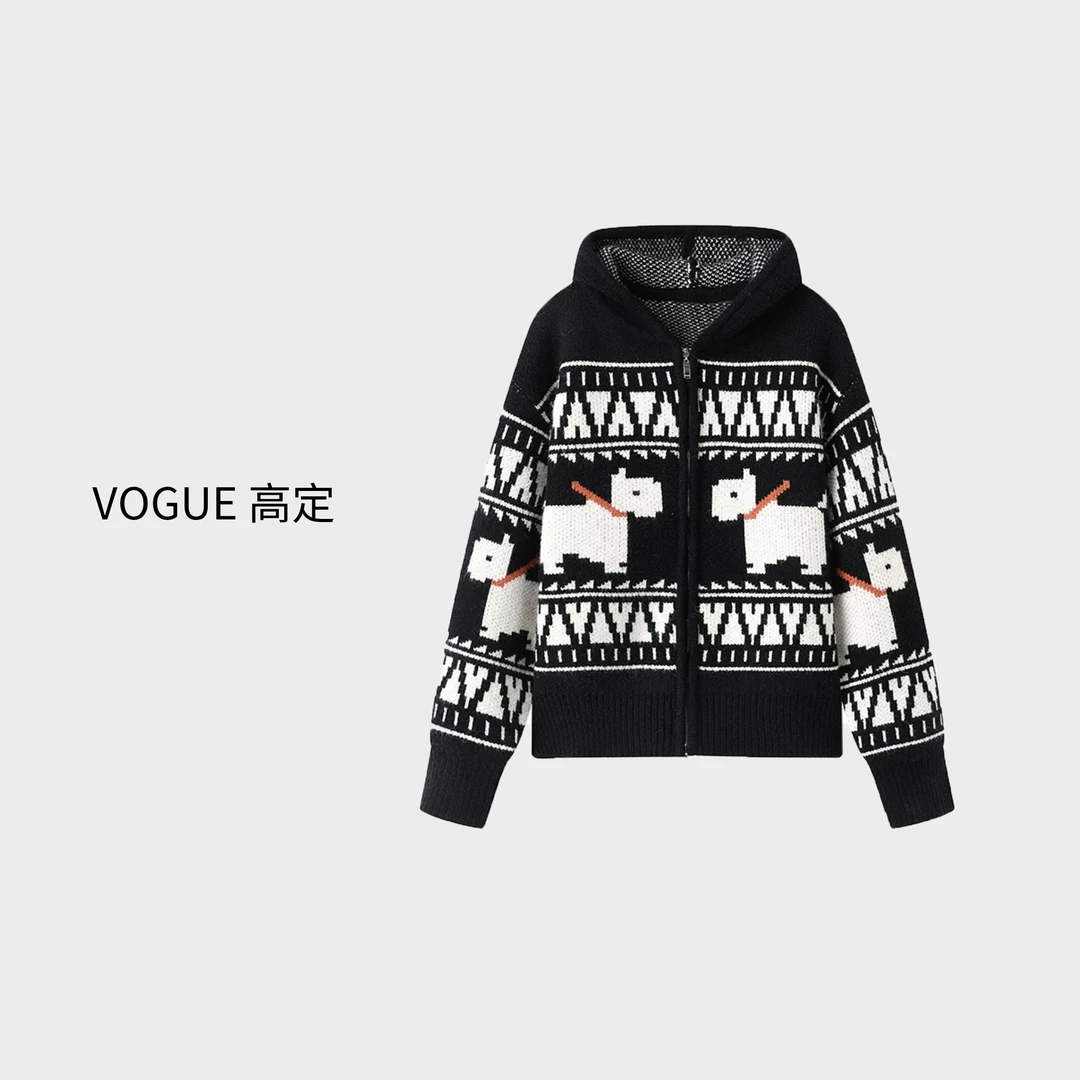 【VO高定】冬季连帽针织开衫女新款时尚提花设计感宽松慵懒毛衣外套