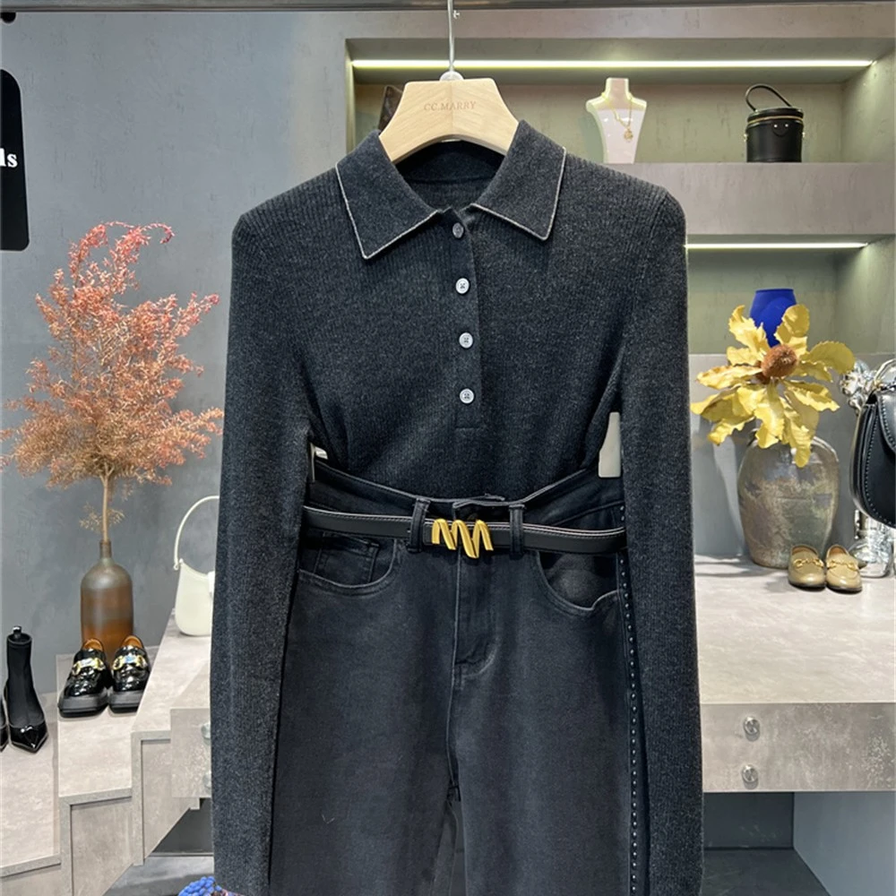 极简之链.【深圳曦曦高端女装】2021新款 显瘦翻领针织衫KW849气质