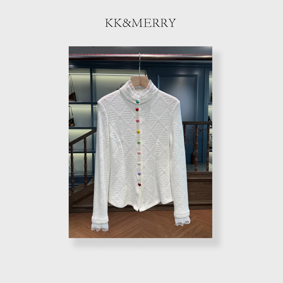KK&MERRY显瘦修身彩扣镂空设计蕾丝边亮片针织开衫KKKW1843