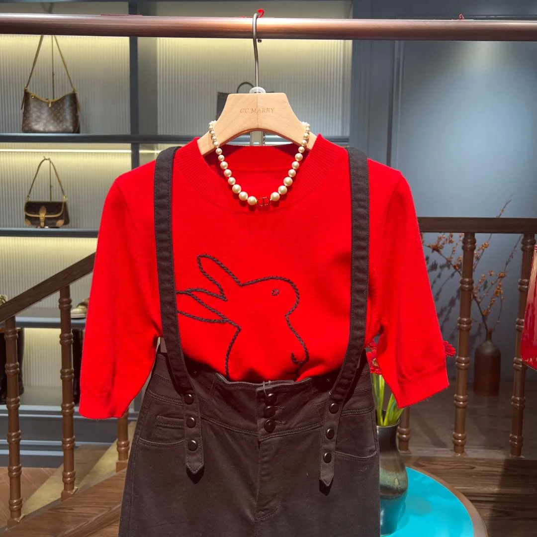 编织兔【深圳曦曦高端女装】2023新款 时尚短袖针织上衣CLKW814毛衣