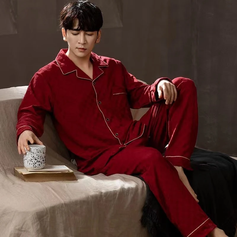 睡衣男士春秋款纯棉长袖男式结婚家居服秋冬季薄款红色本命年套装