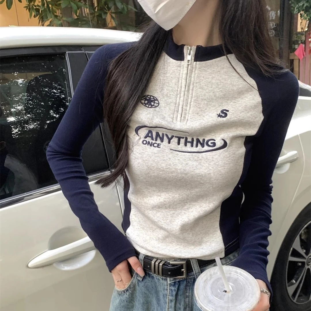 拉链半高领插肩撞色刺绣长袖上衣女秋冬季设计感小众拼接内搭上衣