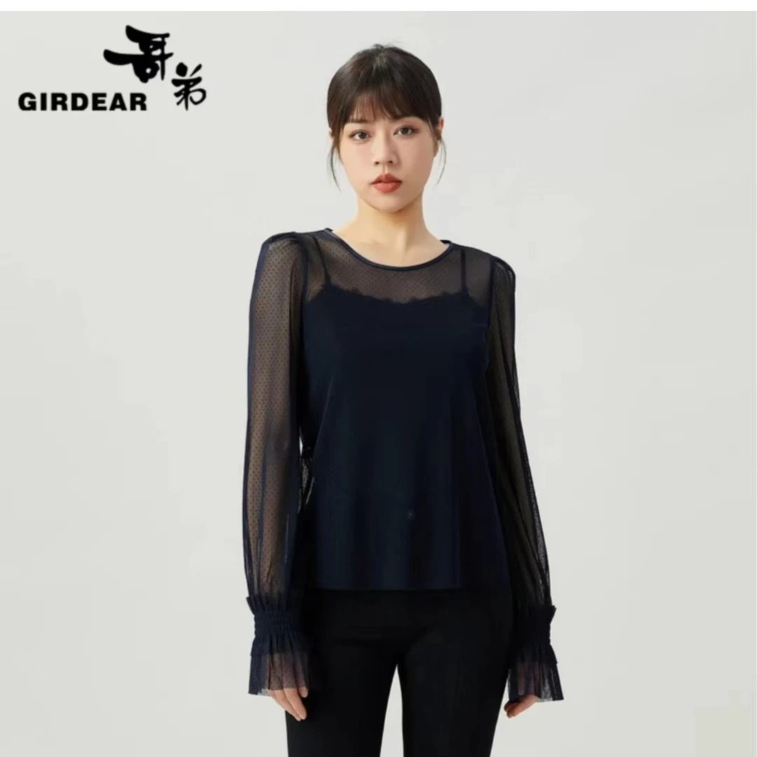 GIRDEAR/哥弟新款百搭气质小众圆领长袖蕾丝上衣打底衫1300903