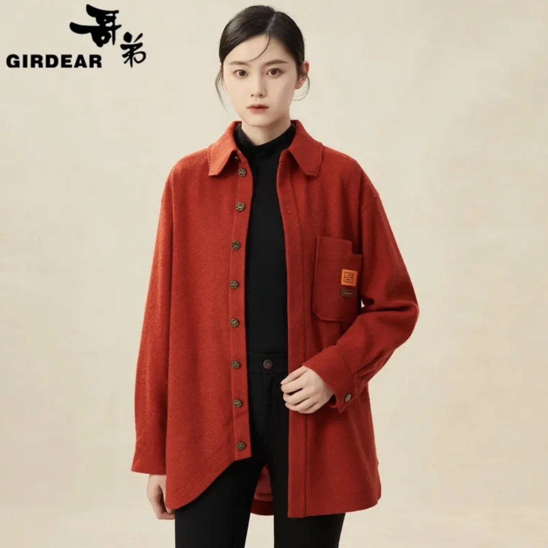 GIRDEAR/哥弟秋冬宽松强压缩羊毛长袖不规则设计气质衬衣1400632