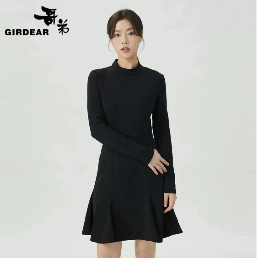 哥弟女装气质烟管领A摆洋装经典小黑裙长袖连衣裙中裙1500503