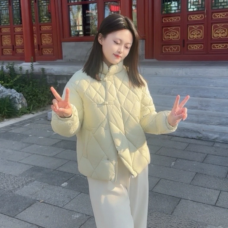 906新款棉服女盘扣冬季立领宽松菱形格棉服外套