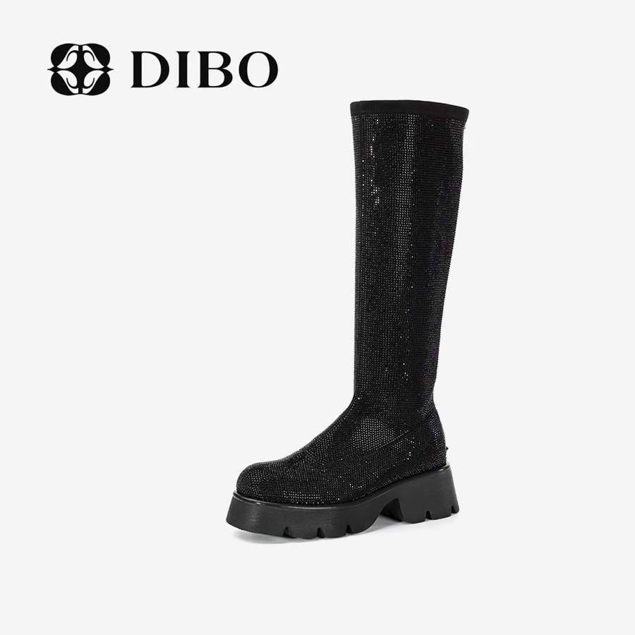 DIBO碲铂新款时尚轻奢满钻厚底高筒长靴黑色显瘦弹力靴23434134