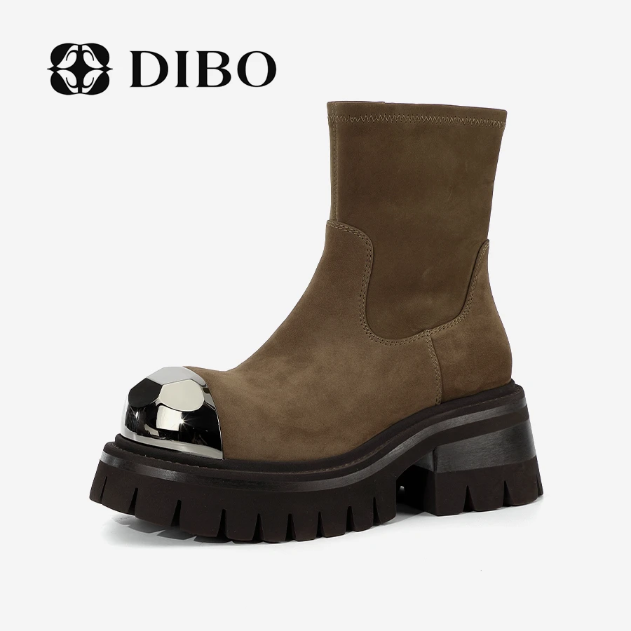 DIBO碲铂 时尚金属装饰圆头厚底短靴百搭气质纯色瘦瘦靴24498130