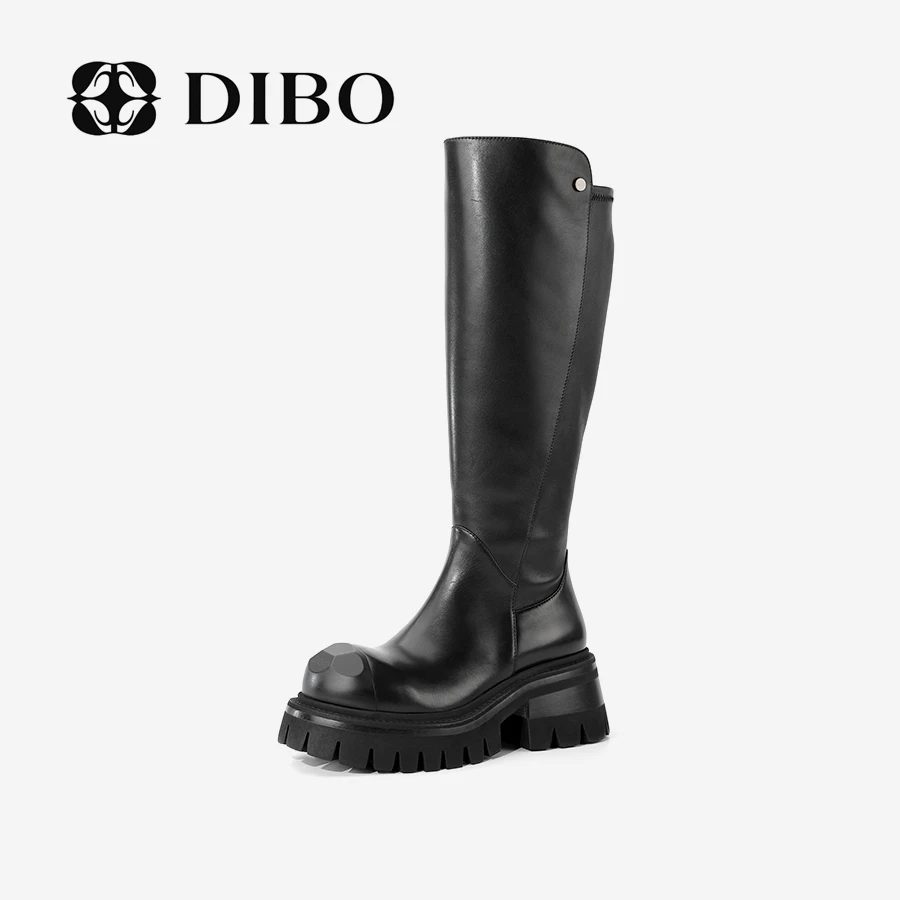 DIBO碲铂 经典黑色皮质及膝靴创意圆头金属圆点女士长靴24498150