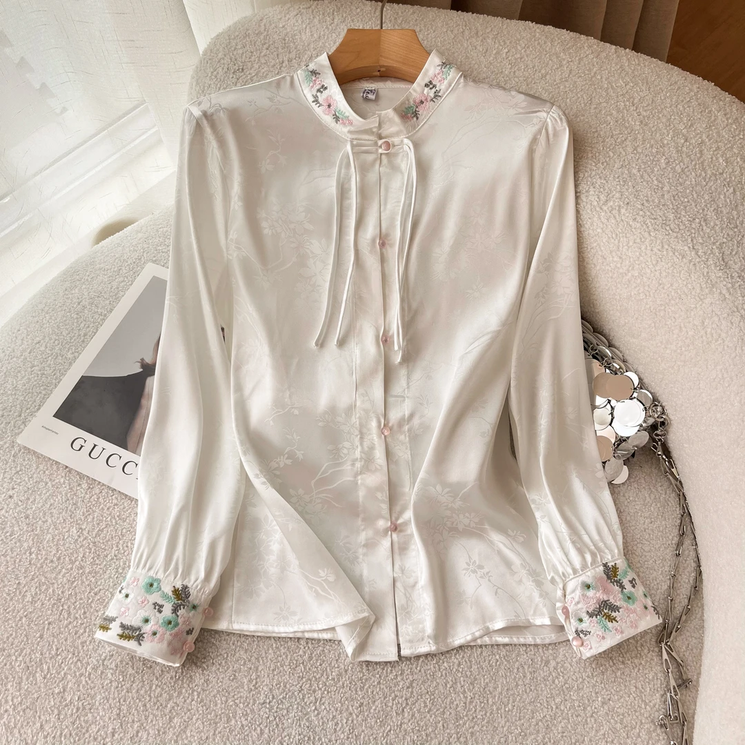 高级新中式搭配马面裙上衣小众外穿盘扣衬衫女国风汉元素提花衬衣