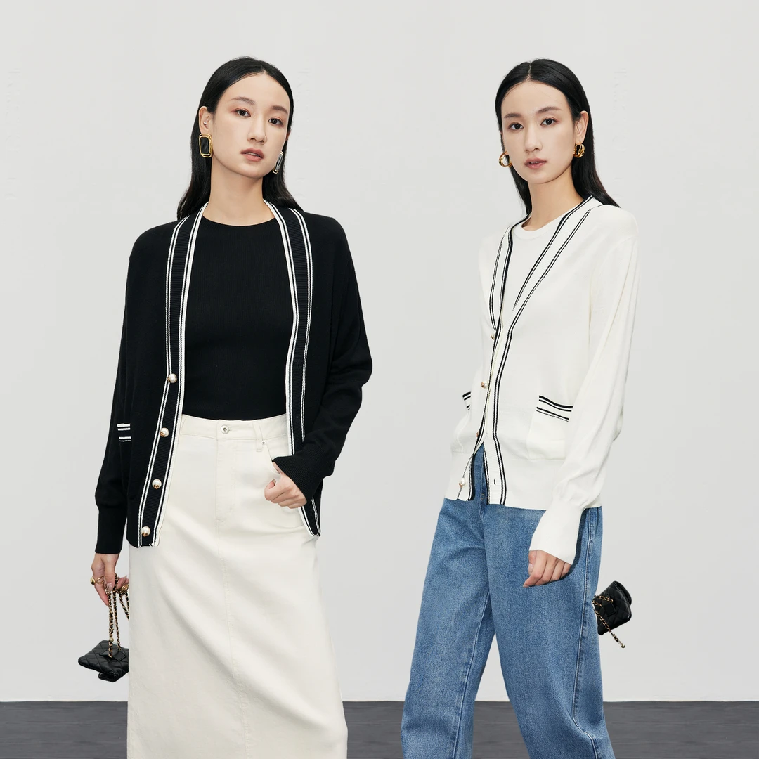 EGX甄选琎口澳洲美丽诺绵羊毛撞色开衫女秋冬复古小香风针织开衫